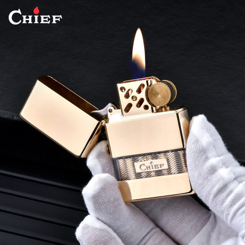 chief首领正品新款砂轮防风煤油打火机五代金银色大透明仓礼盒装