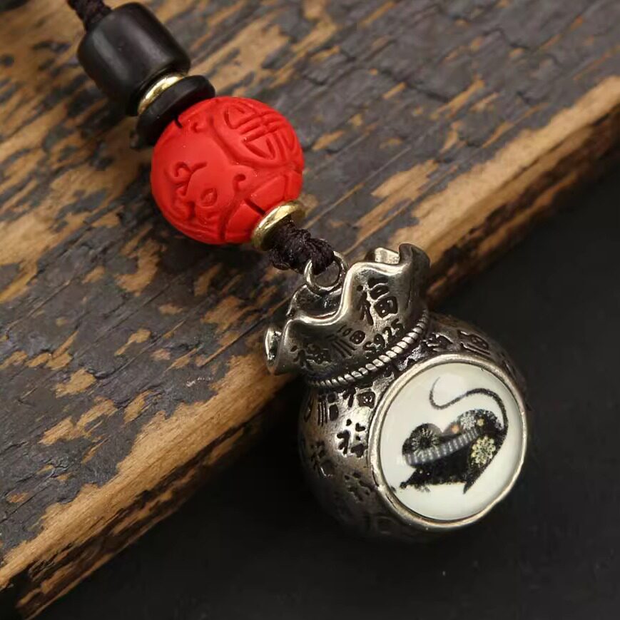 纯黄铜复古法手工匠作旧典藏艺术生肖福袋夜光转转车钥匙吊坠挂件