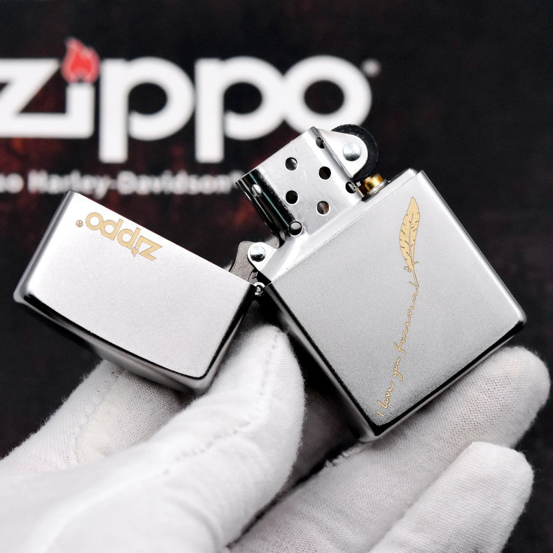 zippo煤油打火机官正品美国芝宝银色锻纱艺术爱情羽毛刻字男士礼