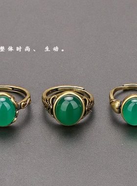 纯黄铜复古法手工匠作旧典藏艺术仿玛瑙镶玉髓水晶戒指祖母绿宝石