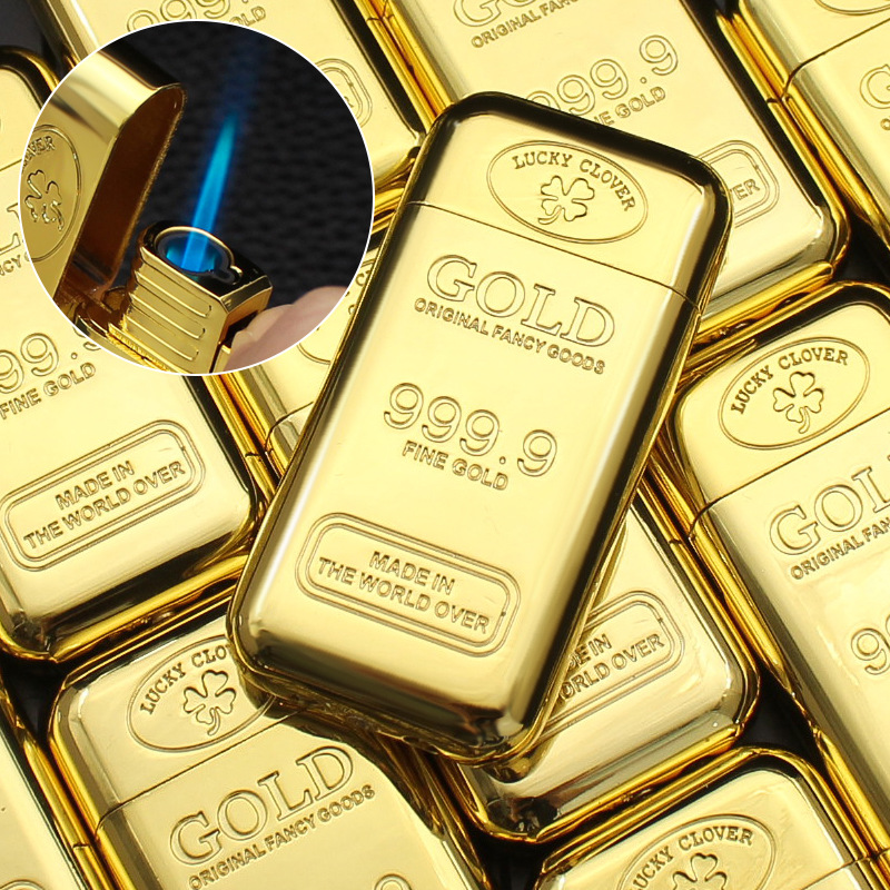 新土豪金色金砖金条花纹999金属直冲蓝焰充气防风便携打火机烟具
