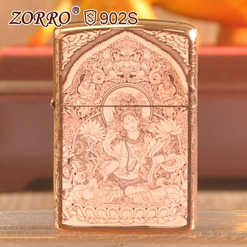 zorro佐罗正品砂轮煤油打火机铜壳紫铜加厚S盔甲浮雕白度母图腾礼