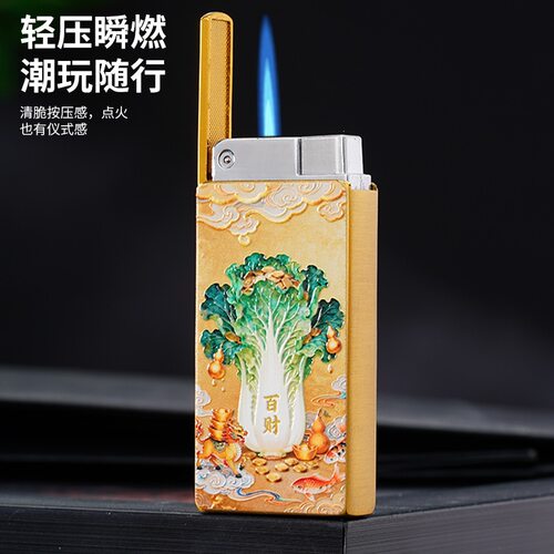 新款金属超薄翻盖升降直冲防风打火机国潮金色神兽吉祥财神花旦女