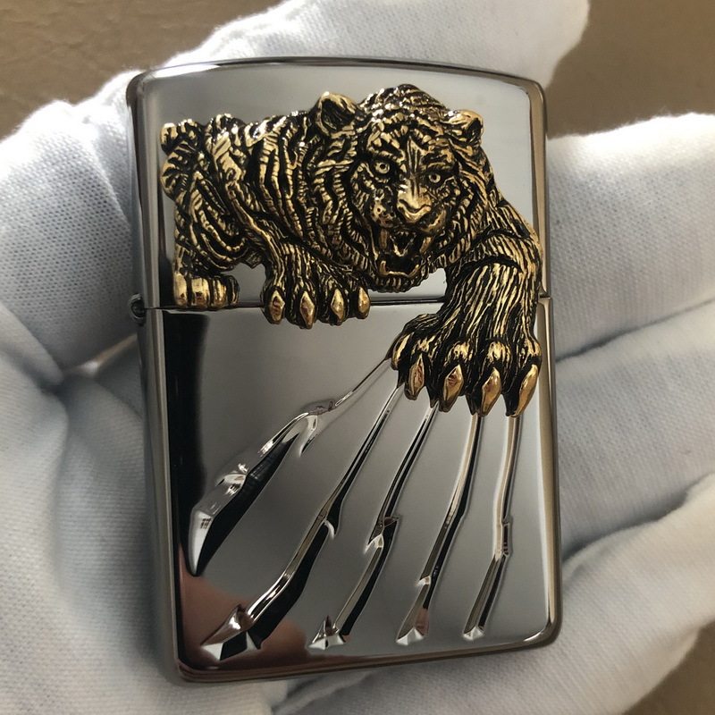 zippo煤油打火机官正品美国芝宝日版黑冰盔甲贴章猛虎头虎爪痕礼