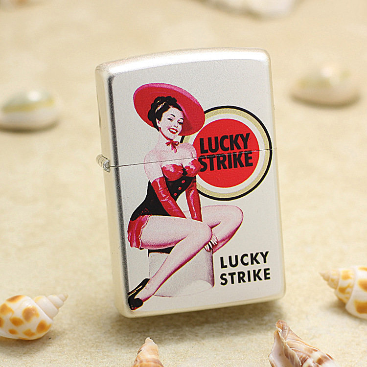 正品zippo芝宝美国进口原版防风煤油打火机镀银好彩女郎-黑红衣款