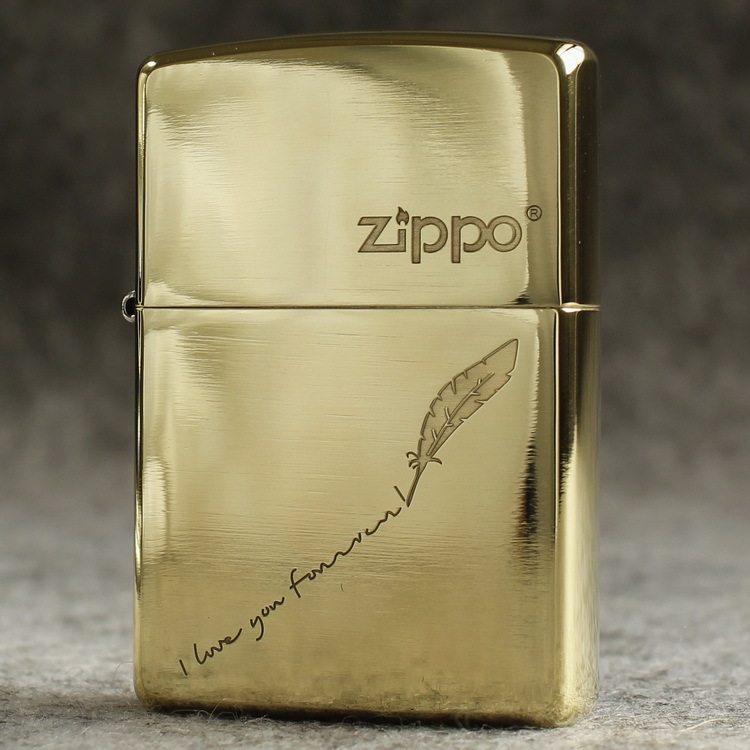 zippo煤油打火机官正品美国芝宝黄铜金色刻爱情羽毛笔记 爱情笔迹