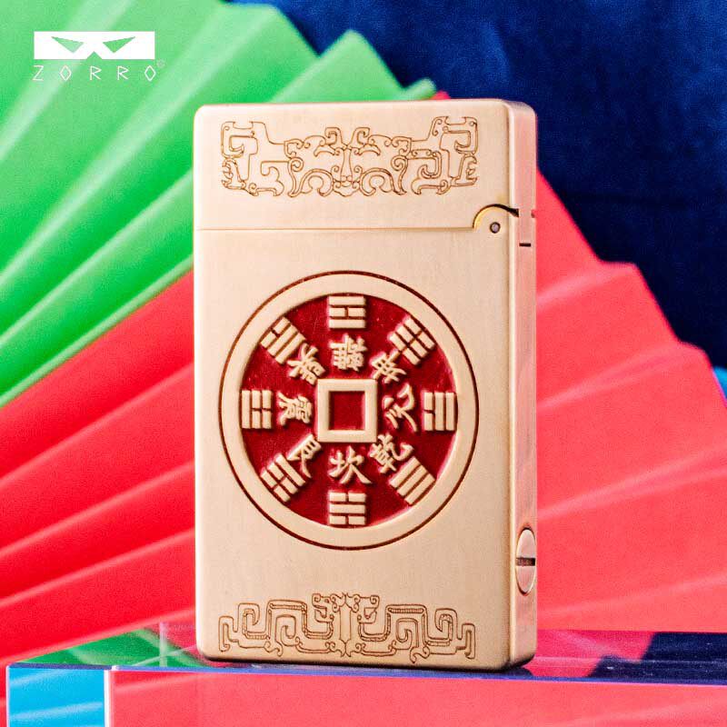 zorro佐罗正品砂轮煤油打火机铜壳子小盔甲超薄红漆山鬼花钱八卦