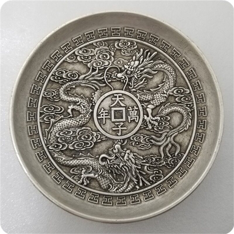 纯手工匠复古法作旧合金复刻道具仿古工艺品镀银龙图腾天子万盘子