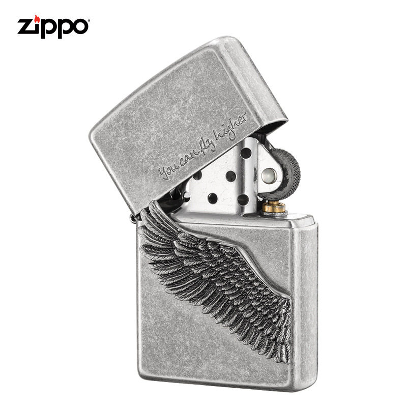 zippo煤油打火机官正品美国芝宝经典做旧复古银黑冰飞的更高翅膀