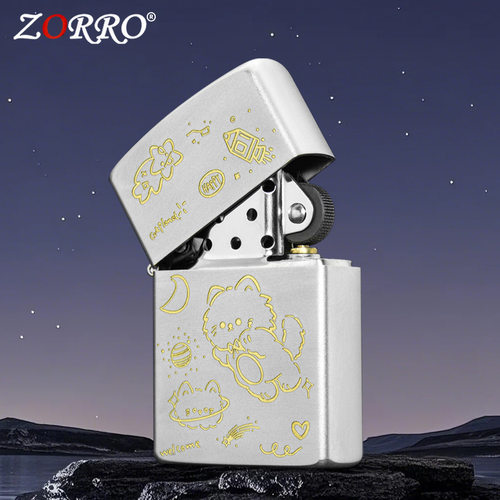 zorro佐罗正品砂轮煤油打火机铜壳砂铬银色雕星云猫咪宇航飞星空