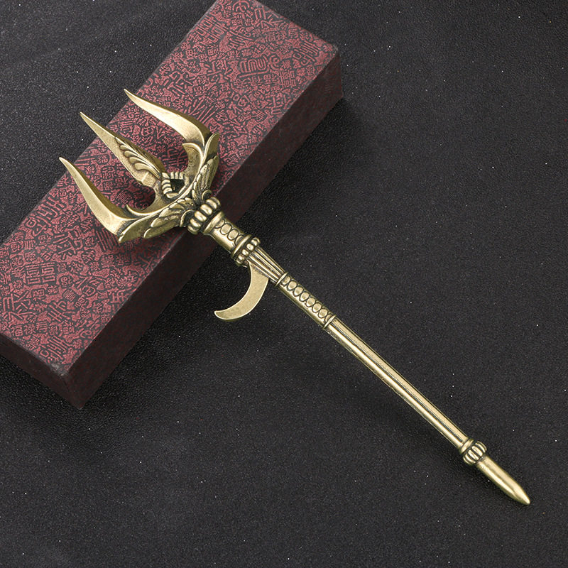 纯黄铜复古法手工匠作旧典藏国风艺术摆件海王鱼叉三叉戟文玩把件