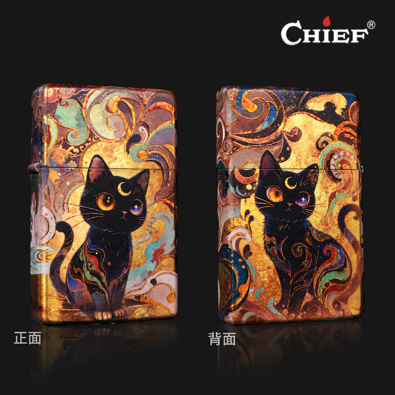 chief首领正品新款砂轮防风煤油打火机铜壳超薄宽平头梦幻星空猫