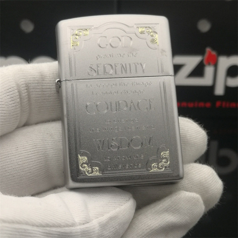 官正品ZIPPO芝宝美国原版防风砂轮煤油打火机镀铬磨砂刻警世箴言