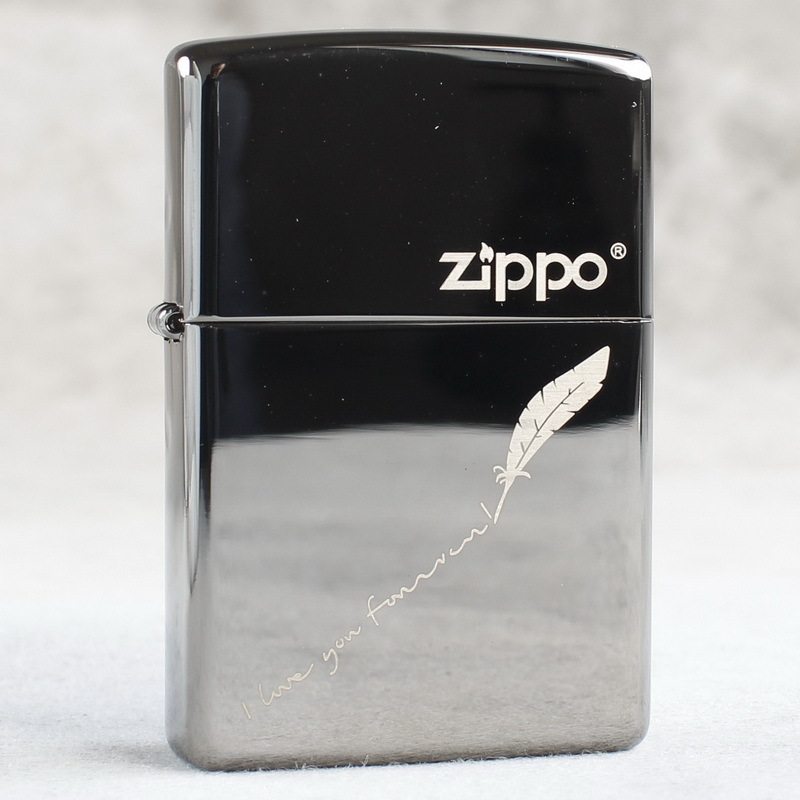 zippo煤油打火机官正品美国芝宝经典款黑冰镜面刻爱情侣羽毛笔记