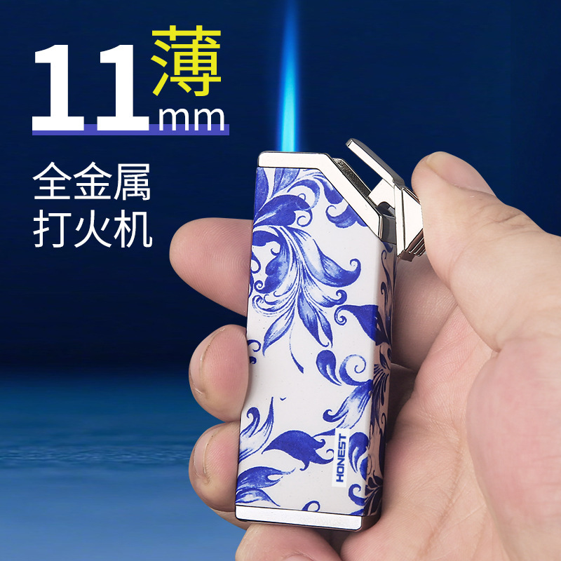 Honest百诚金属超薄窄国风青花瓷直冲防风打火机雪茄艾灸点烟点香