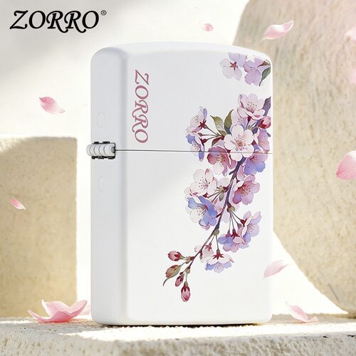 zorro佐罗正品砂轮煤油打火机铜壳典雅白色哑漆彩印粉色樱花枝条
