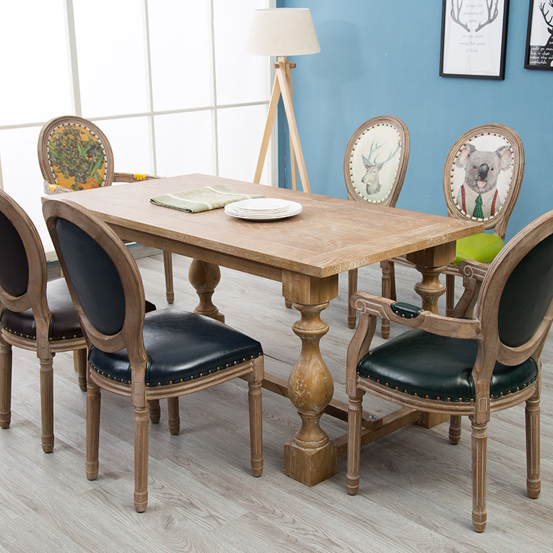 美式实木餐桌北欧办公工业工作台欧式复古书桌做旧长桌会议圆方桌