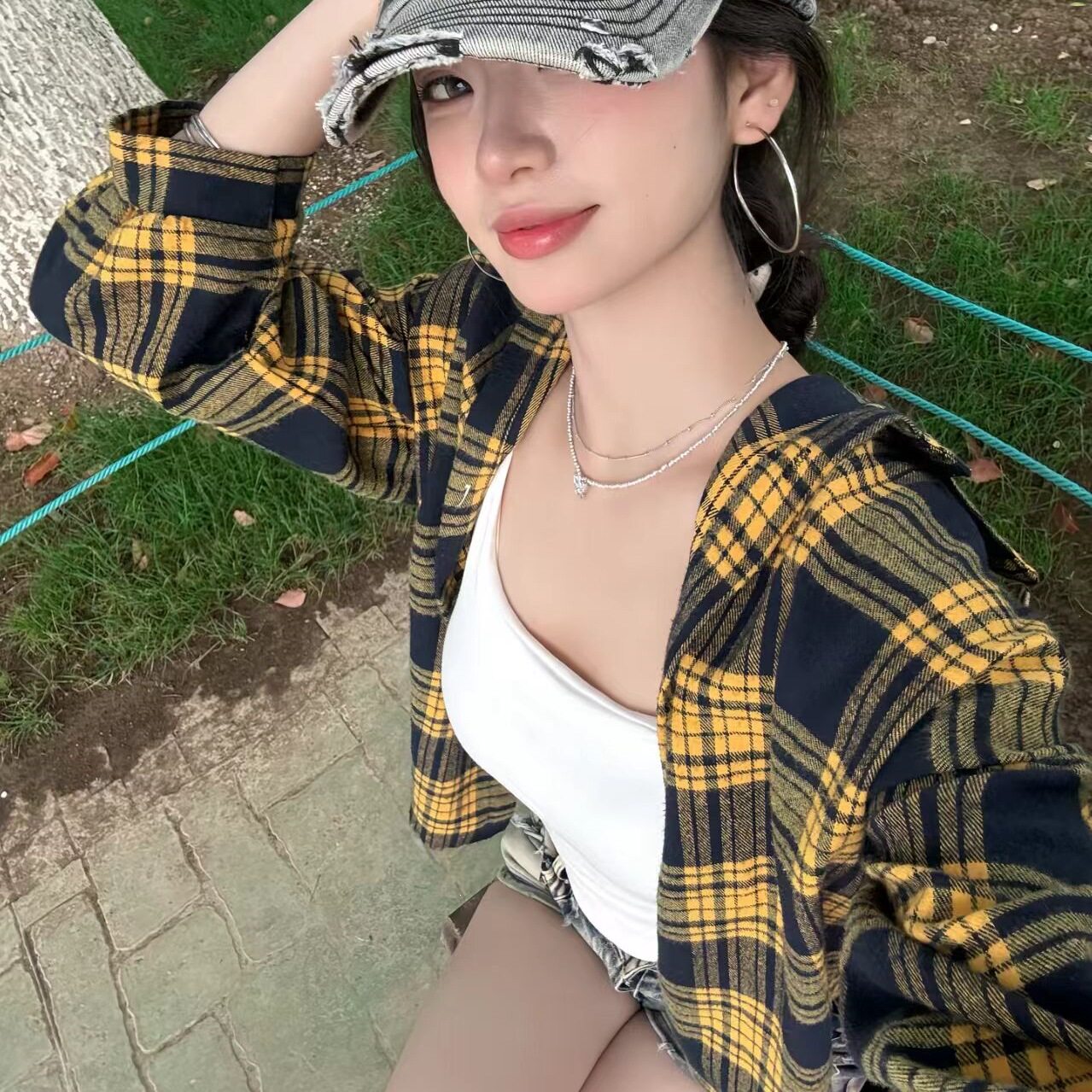 LC806黄色撞色拼接格子衬衫男女春夏潮牌百搭外穿长袖衬衣学生外