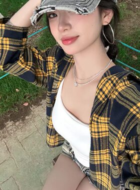 LC806黄色撞色拼接格子衬衫男女春夏潮牌百搭外穿长袖衬衣学生外