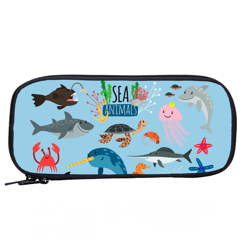 海洋生物卡通中小学生笔袋海豚海星图案儿童文具盒帆布笔袋多功能