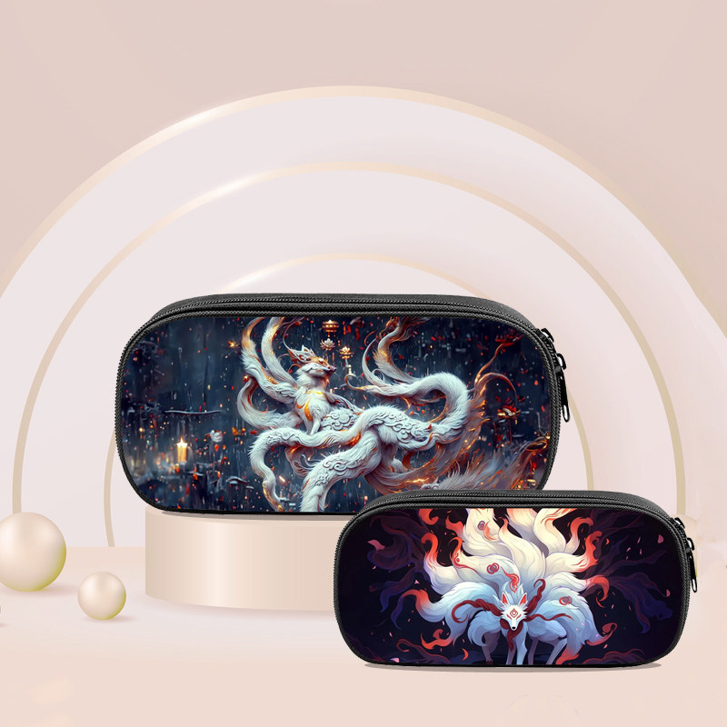 古风九尾狐中小学生铅笔盒国风图案九尾狐狸儿童文具盒多功能笔袋
