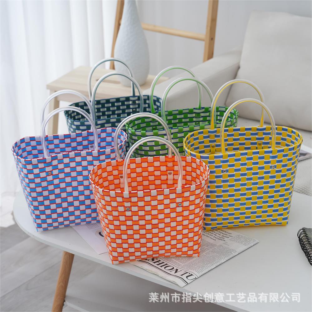 格纹马赛克手工草编手提女包