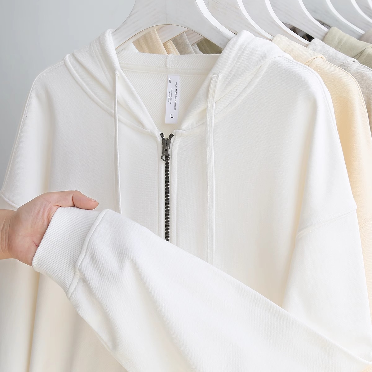 经典百搭连帽拉链外套女秋冬季重磅420G美式纯白色宽松百搭卫衣男