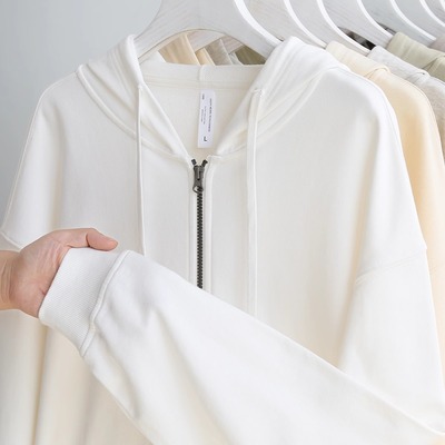 经典百搭连帽拉链外套女秋冬季重磅420G美式纯白色宽松百搭卫衣男