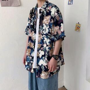 百搭夏季港风衬衫男衬衣韩版日系宽松潮休闲痞帅短袖花复古碎花12