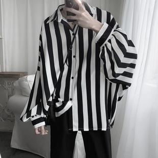 宽松衬衫 复古纸片人黑白条纹蝙蝠长袖 暗黑系仙气时髦潮牌男装 秋季