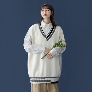 2022新款洋气V领针织背心女韩版学生宽松慵懒风套头毛衣马甲外穿