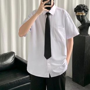 男士白衬衫短袖休闲宽松帅气领带学生潮流jk制服男纯色长袖衬衣12