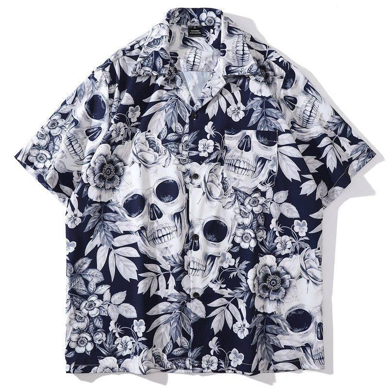 欧美休闲帅气骷髅头印花小众胖子大码宽松衬衣男夏季薄款短袖衬衫
