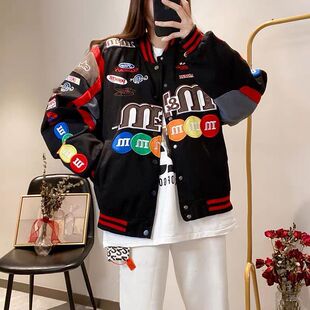 春季美式高街字母mm豆刺绣棒球服外套拼色情侣宽松赛车服夹克