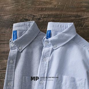 长袖 男士 休闲打底日系文艺蓝条纹衬衣男潮 复古牛津纺衬衫 春秋季