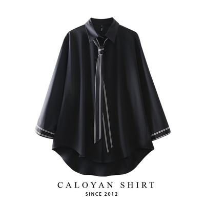 领带黑色雪纺拼接慵懒风韩范衬衫