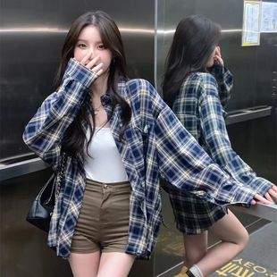 美式复古格子衬衫男女外套春秋新款宽松长袖衬衣外传薄款上衣潮