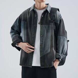 美式复古牛仔外套男款潮牌水洗做旧春秋季高街嘻哈宽松夹克牛仔衣
