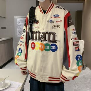春季美式高街字母mm豆刺绣棒球服外套拼色情侣宽松赛车服夹克男女
