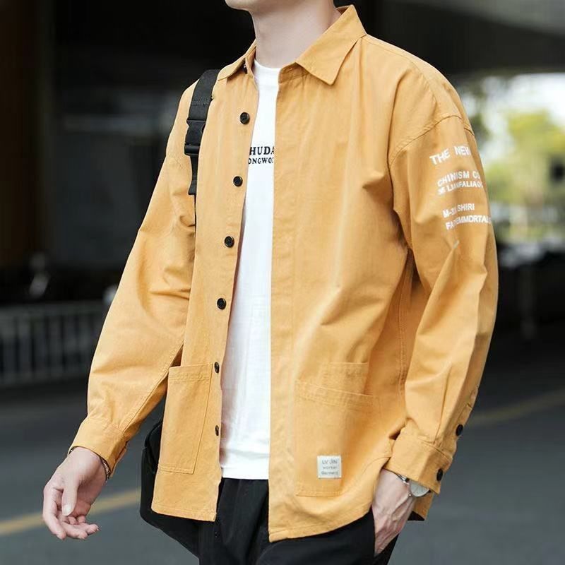 秋季男士长袖纯色衬衫春季工装韩版休闲宽松印花男生衬衣长袖外套