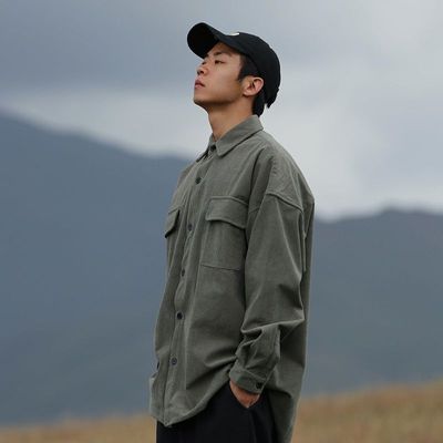 方领长袖军绿军绿色灯芯绒