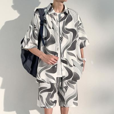 夏季透气度假花衬衫套装男冰丝凉感短袖衬衣酷帅穿搭休闲短裤整套