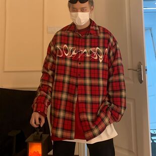 春秋季 美式 宽松韩版 男长袖 衬衣外套潮 复古刺绣红色格子休闲衬衫