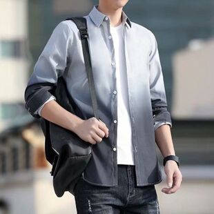 春季新款男士嘻哈韩版潮流ins渐变长袖衬衫学生百搭宽松衬衣外套