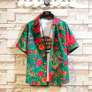 东北大花短袖衬衫男夏季民族国潮印花衬衣国风12oversize休闲外套