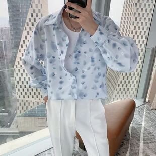 vintage衬衫男夏季薄款薄款外套ins垂坠感上衣扎染薄纱防晒衣外套