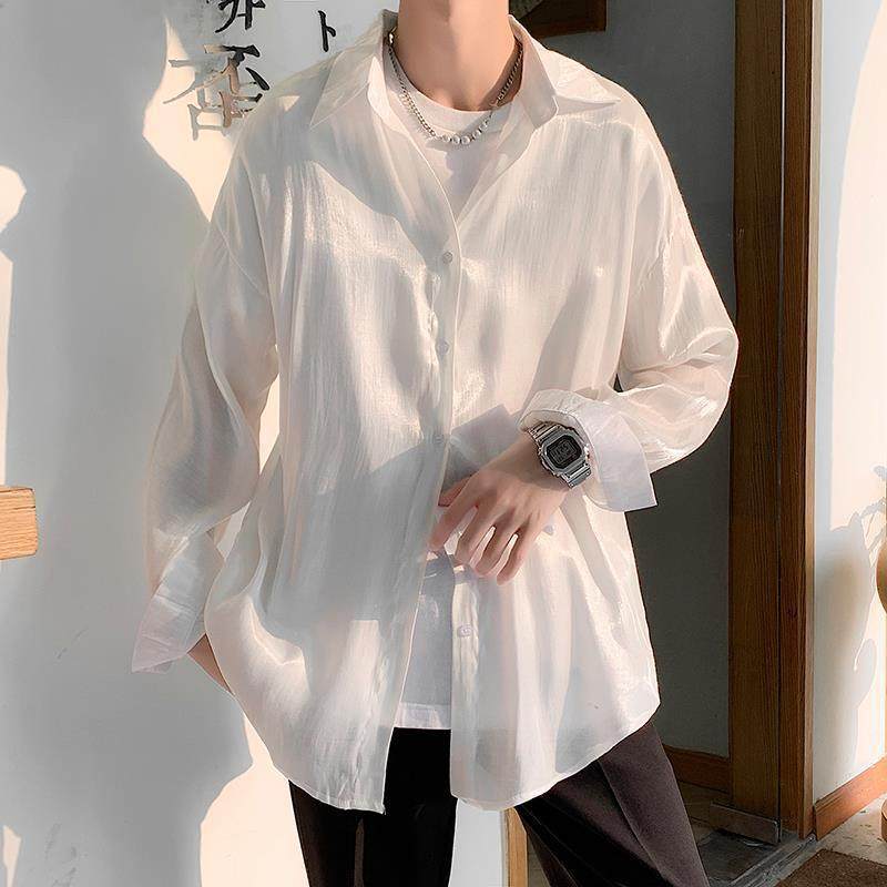 衬衫男2022夏季潮流宽松翻领衬长袖ins港风情侣简约珠光防晒风衣