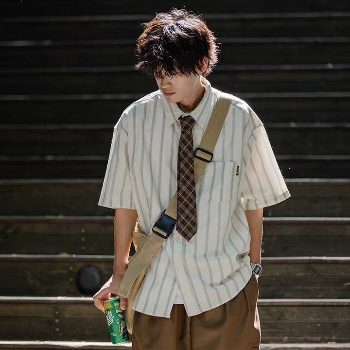 日系复古条纹短袖衬衫男生夏季