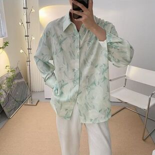 轻熟风秋季上衣韩版潮流ins帅气花衬衫男士宽松青少年长袖衬衣