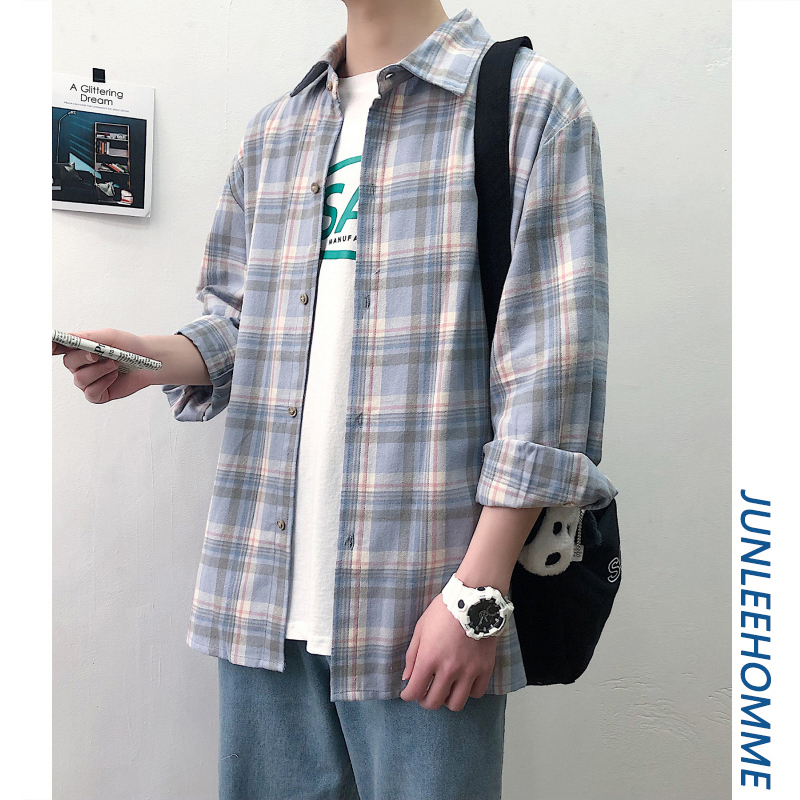 男装夏季新款格子衬衫男士韩版宽松长袖衬衣学生帅气休闲外套衬衫